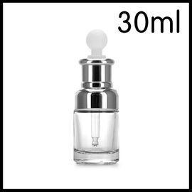 China Transparent Glass Cosmetic Bottles Silver Shoulder Collar White Bulp Dropper Essential Oil Vials supplier