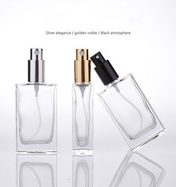 China Flat Square Glass Perfume Spray Bottles Metallic Pump 50ml Capacity Refillable supplier