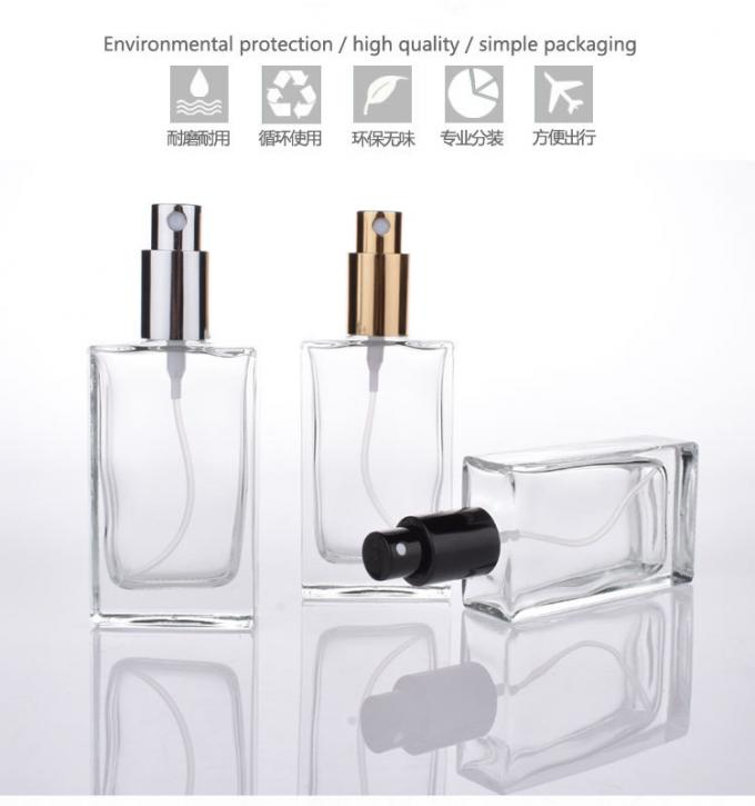 Flat Square Glass Perfume Spray Bottles Metallic Pump 50ml Capacity Refillable
